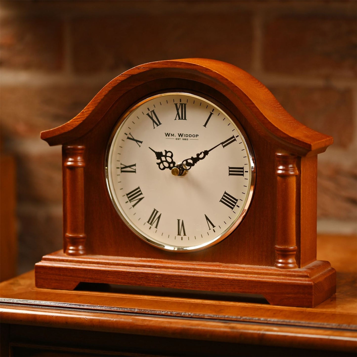 Wm.Widdop Broken Arch Mantel Clock Silver Bezel Walnut