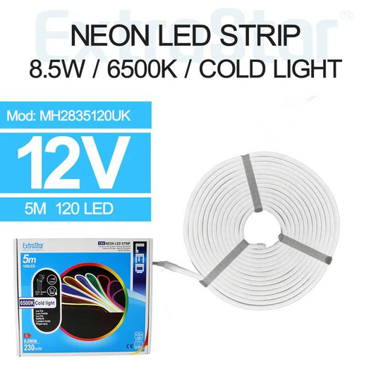 Extrastar Neon LED Strip 5M Cable with Power Adapter, 8.5W/M, Cold Light 6500K AMH2835120UK