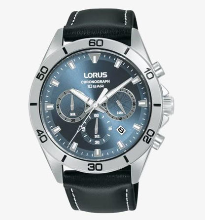 Lorus Mens Fashion Sports Chronograph Date Grey/Blue sunray Dial Black Leather strap Watch RT341KX9