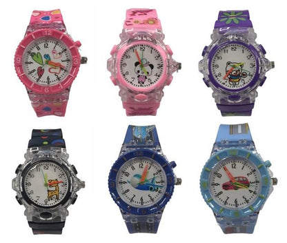 Childrens Boys Girls Light Up With Music Quartz Multi Design PU Strap Assorted Watch