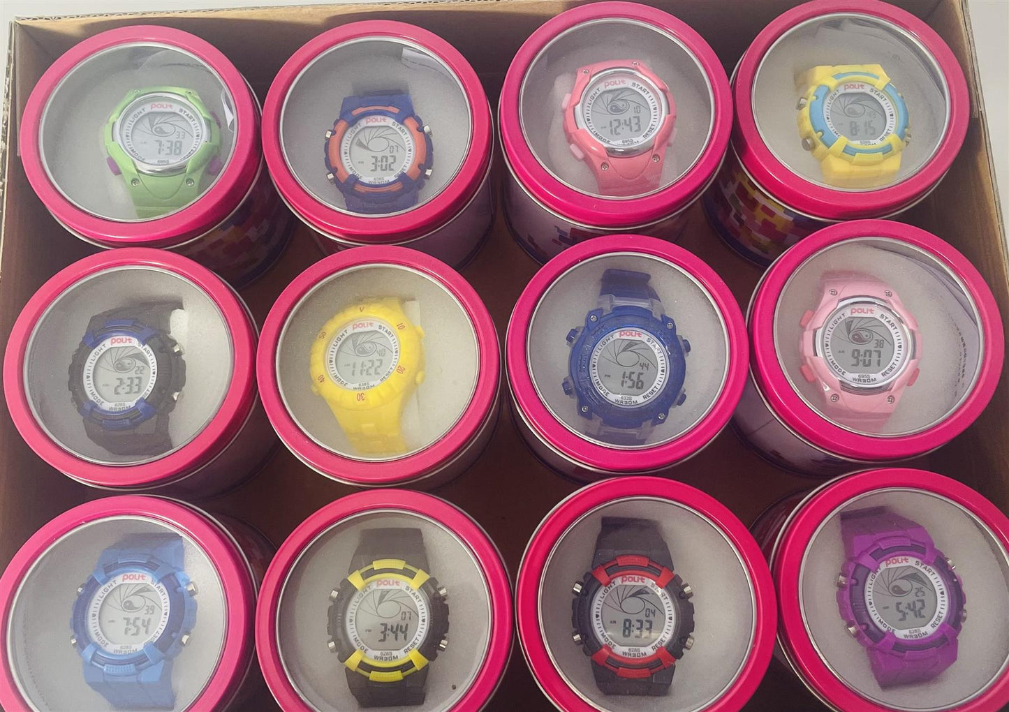 POLIT Childrens Disco Boys & Girls Digital watch in Tin, assorted stlyes and colours CW-0025 Box Of 12