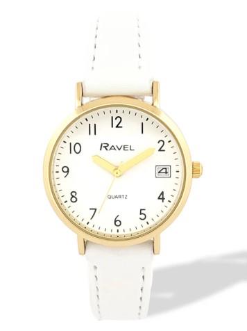 Ravel Ladies Basic Golden case Dated White Dial With Faux Leather Strap Watch Available Multiple Colour