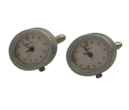 Miniature Clock Silver Plated Metal Cufflinks Solid Brass IMP413S - CLEARANCE NEEDS RE-BATTERY