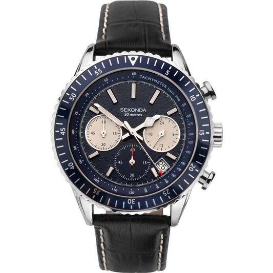 Sekonda Mens Chronograph Dated Blue Dial and Black Leather Strap Watch 1739
