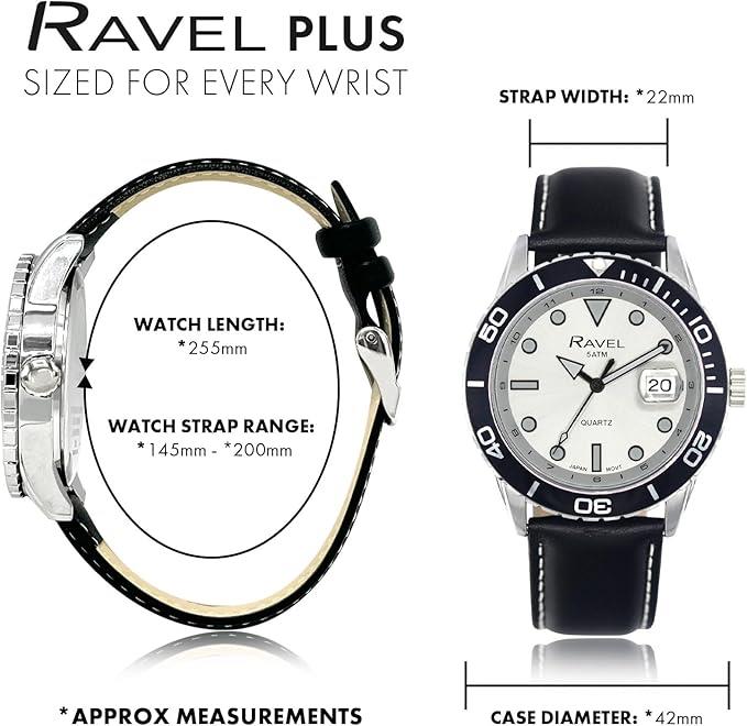 Ravel Mens Fashion Sports 42mm Round 5ATM Dated Dial Rotating Uni-Directional Bezel Black Leather Strap Watch RPD-M Available Multi Colors