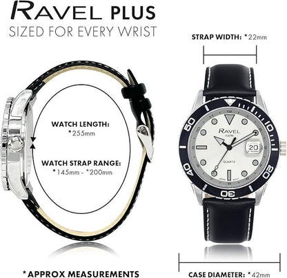 Ravel Mens Fashion Sports 42mm Round 5ATM Dated Dial Rotating Uni-Directional Bezel Black Leather Strap Watch RPD-M Available Multi Colors