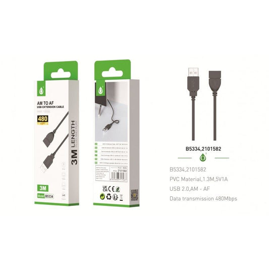 MTK AM to AF USB Extension Cable 3m Length 480 Mbps Black