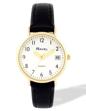 Ravel Ladies Basic Golden case Dated White Dial With Faux Leather Strap Watch Available Multiple Colour