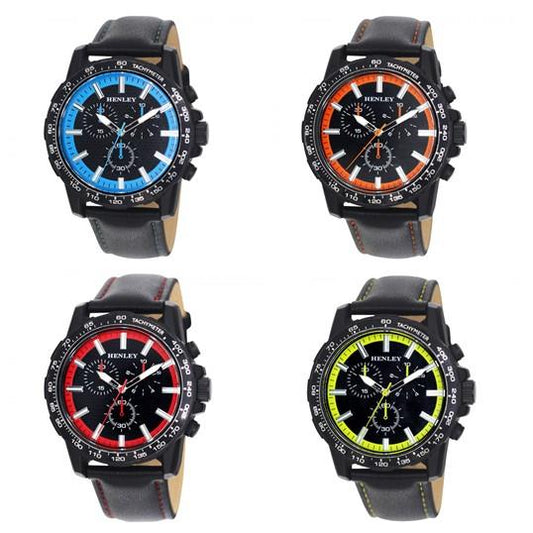 Henley Mens Satin Black Sports Coloured Stitch Multi Eye Watch H03015 Available Multiple Colour