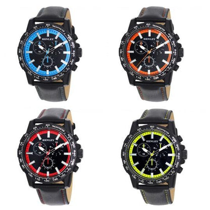 Henley Mens Fashion Satin Black Sports Coloured Stitch Multi Eye Watch H03015 Available Multiple Colour