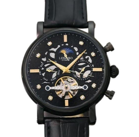 Longbo Mens Automatic Hollow mechanical Dial Analogue Gold Black/Black Leather Strap Watch