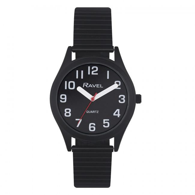 Ravel Mens Basic Bold Easy Read Expander Bracelet Watch Black/Black R0225