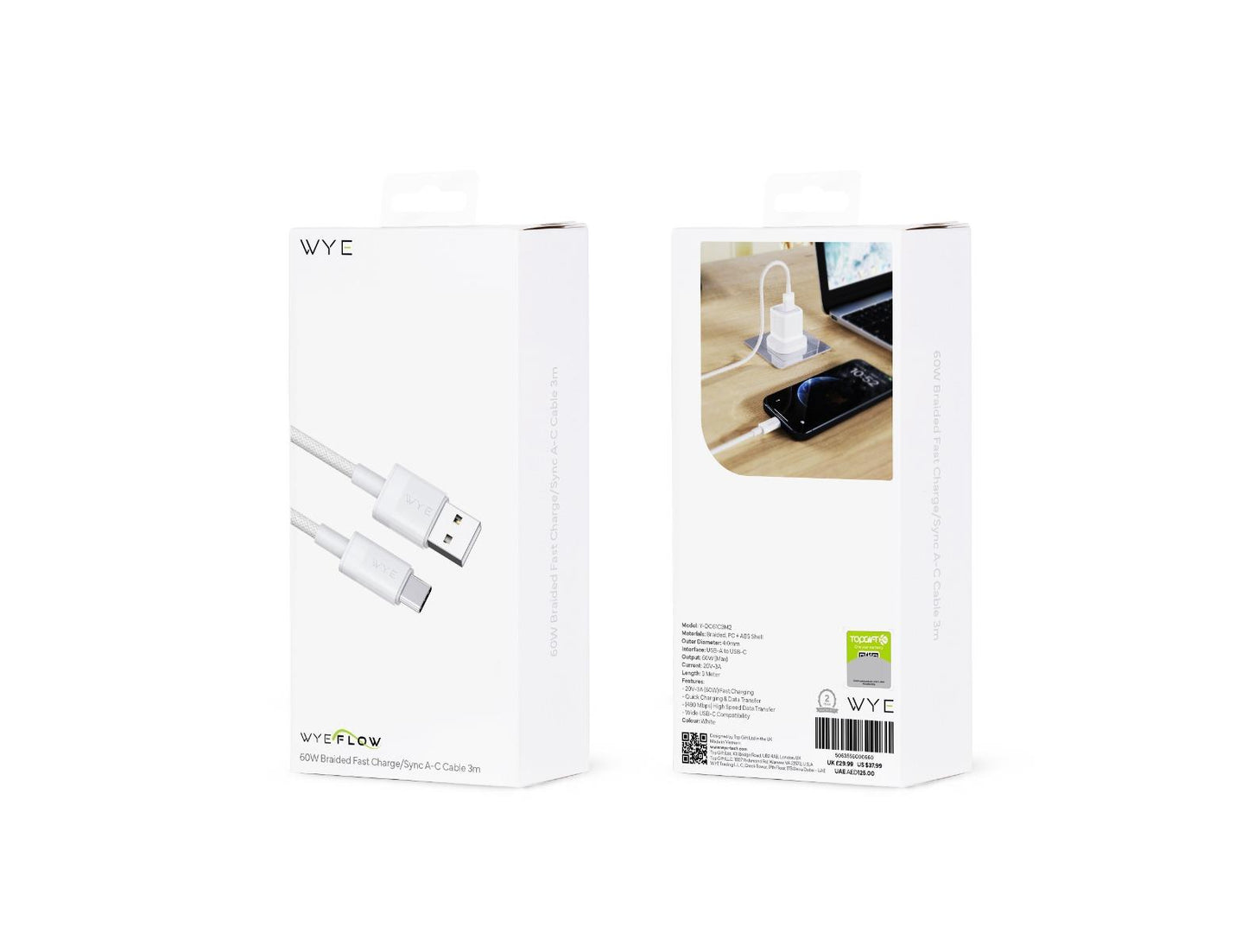 WYE 60W Braided Fast Charge/Sync A-C Cable 3m Black/White