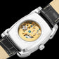 Longbo Mens Automatic Hollow mechanical Dial Analogue Silver/Black Leather Strap Watch