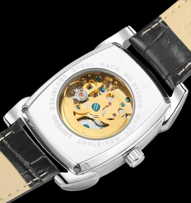 Longbo Mens Automatic Hollow mechanical Dial Analogue Silver/Black Leather Strap Watch