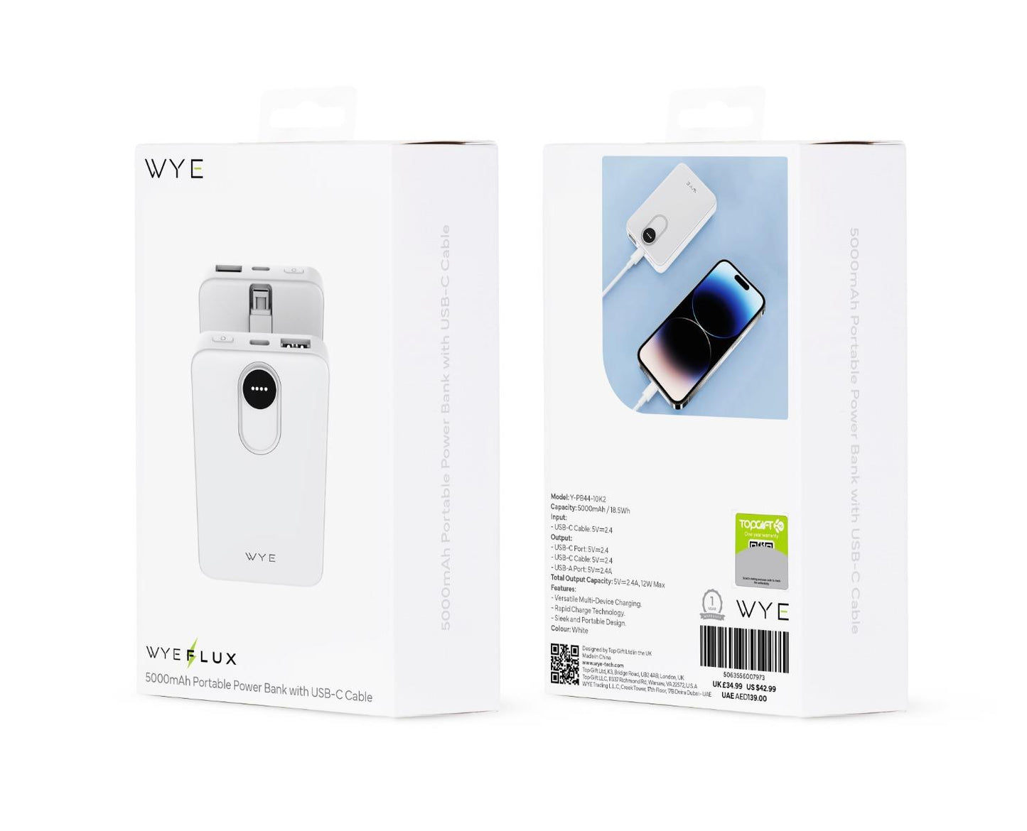 Wyeflux 5000mAh Portable Power Bank with USB-C Cable - White