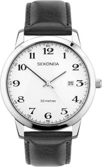 Sekonda Mens Basic Dated White Dial and Black Leather Strap Watch 30129