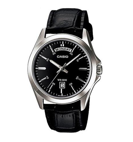 Casio Mens Black Dial Leather Strap Day-Date Watch