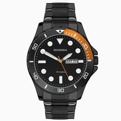 Sekonda Mens Balearic  Black Alloy Case & Stainless Steel Bracelet with Day Date Black Dial Watch 30120