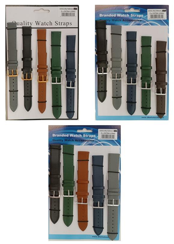 1555.05 2X Extra Long Mix Colour Leather Watch Straps Pack of 5 AVailable From 18MM - 22MM