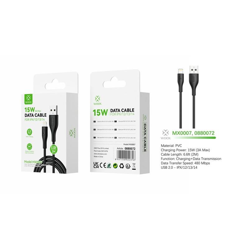 Woox USB to Lightning PVC Data Cable, 15W 3A Max, 1m/2m/3m, Black/White