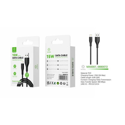 Woox USB to Lightning PVC Data Cable, 15W 3A Max, 1m/2m/3m, Black/White