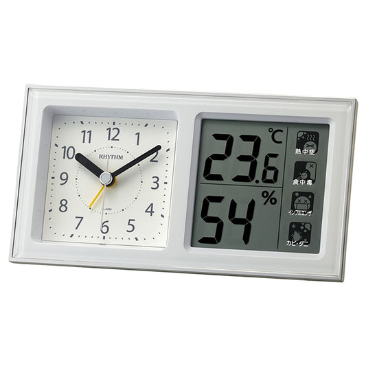 Rhythm LCD Alarm Clock with Environment Alert Display White