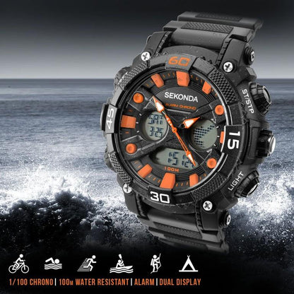 Sekonda Mens Sports Duel time Black Dial & Rubber Strap Watch-1037