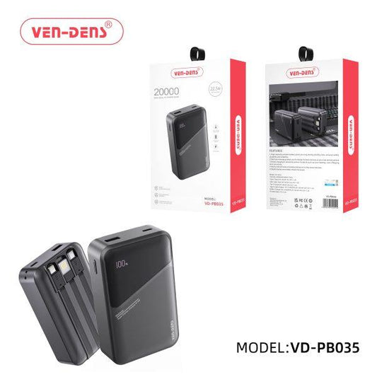 Ven-Dens Power Bank 20000mAh 22.5w wireless powerbank 3IN1 Built in Charging Cables