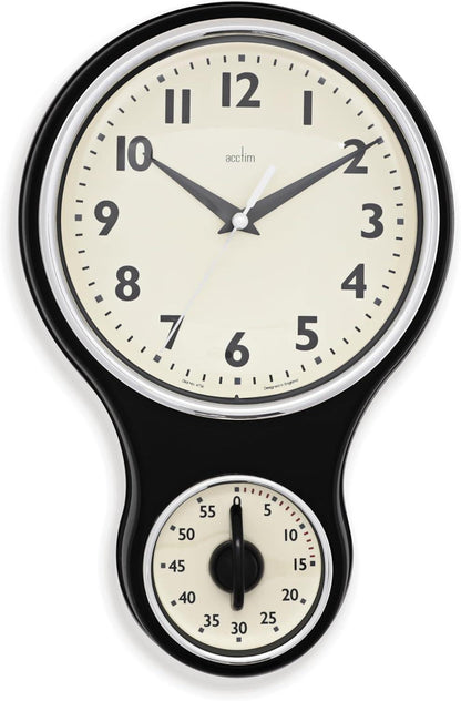 Acctim Kitchen Time 20cm Timer Quartz Retro Style Domed Glass Lens Wall Clock Available Multi Colour