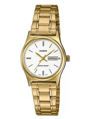 Casio Ladies Basic Water resistant Day/Date White Analogue Dial Golden Stainless Steel Band Dress Watch