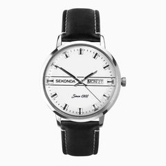 Sekonda Mens Originals Silver Case & Black Leather Strap with Day Date Silver Dial Watch