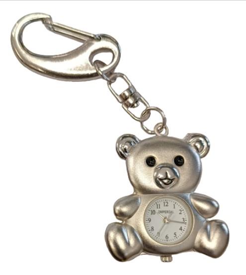 Imperial Key Chain Clock Teddy Silver IMP720- CLEARANCE NEEDS RE-BATTERY