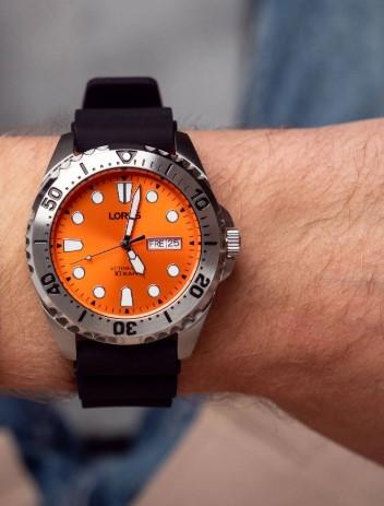 Lorus Mens Fashion Automatic Day/Date 44mm Orange Dial Black Silicone Strap Watch