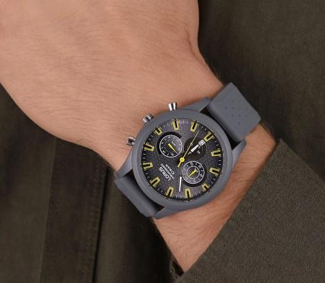 Lorus Mens Sports Chronograph Dated Grey/Yellow Dial Grey Rubber Strap Watch RT377JX9