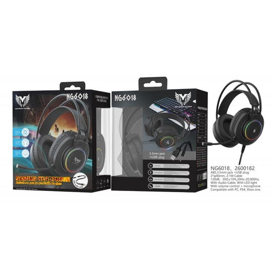 MTK Gaming Headphone 7.1 with Stereo Sound, Mic & Button, Volume Control, RGB Light, 2,1M Cable USB & Audio, Black NG6018
