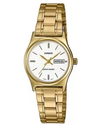 Casio Ladies Basic Water resistant Day/Date White Analogue Dial Golden Stainless Steel Band Dress Watch
