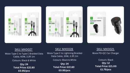 Woox Starter Pack - Charging Cables, Power Adapter, Car Charger and Power Bank Combo With Free Display Stand