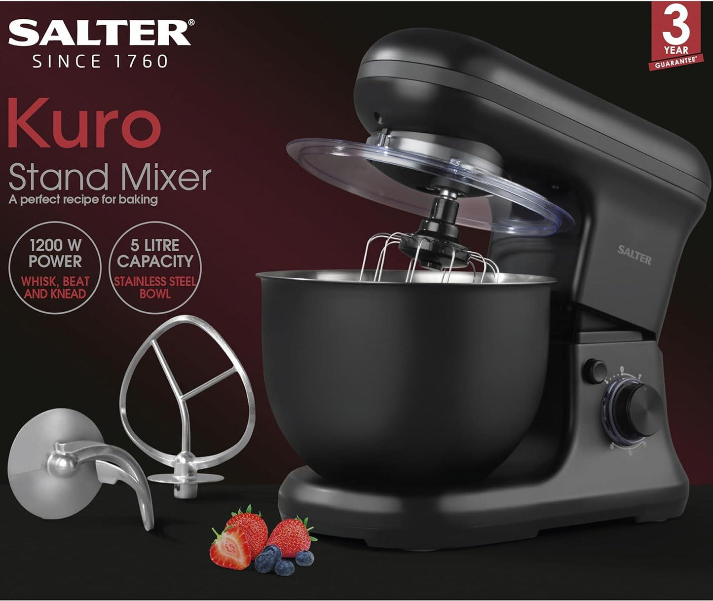 Salter Kuro Stand Mixer1200W, 5L Mixing Bowl with Whisk, Dough Hook, and Beater