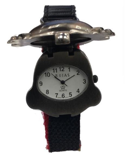 Rojas Children's Girls Boys Distinctive Selection Quartz Metal Folding Cover White Dial with Black/Red Velcro Strap Watch - CLEARANCE NEEDS RE-BATTERY