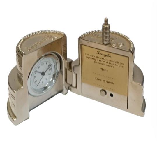 Miniature Clock Happy Birthday Cake Silvertone Plated Solid Brass IMP1007S - CLEARANCE NEEDS RE-BATTERY