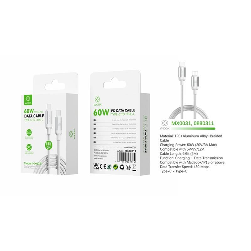 Woox Type C to Type C Braided Data Cable, 60W 20V/3A Max, 1m/2m, White/Black