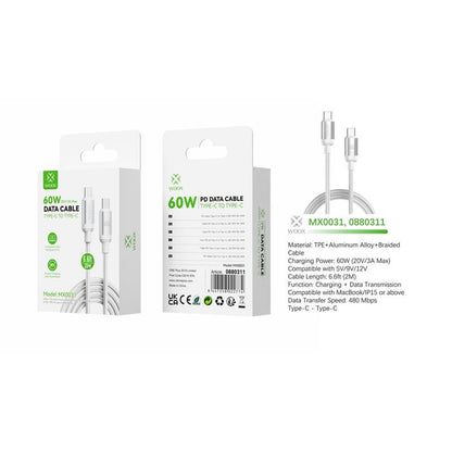 Woox Type C to Type C Braided Data Cable, 60W 20V/3A Max, 1m/2m, White/Black