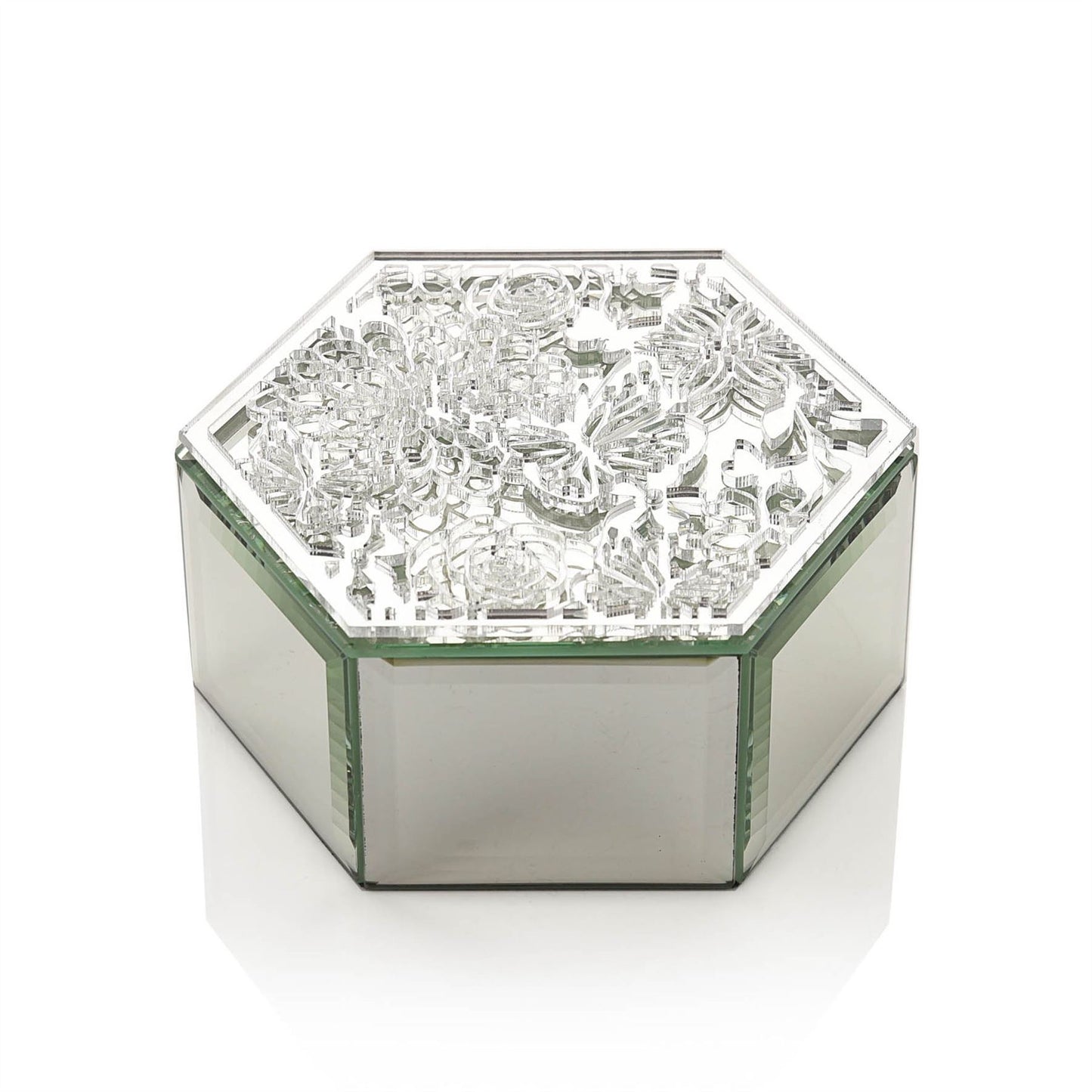 Sophia Mirrored Floral Pattern Hexagonal Trinket Box