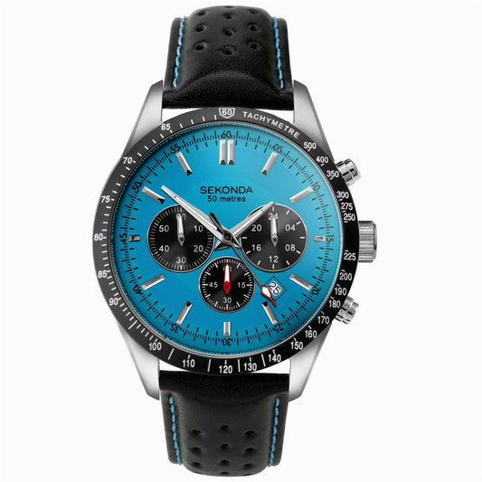 Sekonda Mens Velocity Chronograph Stainless Steel Case & Black Leather Strap with Blue Dial 30019