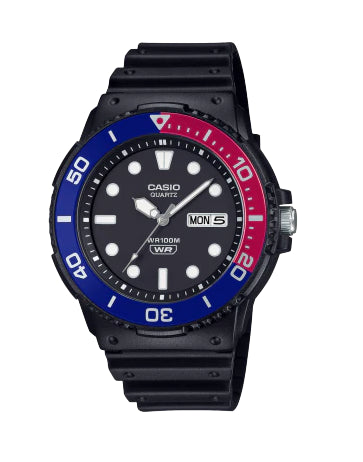 Casio Mens Rotating Blue/Red Bezel Black Strap Analogue Watch