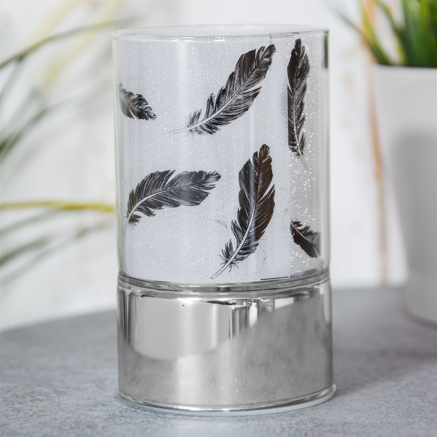 Glass Black Feather Design Tube with LED Lights 9 x 15cm