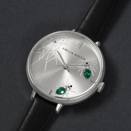 Amelia Austin Ladies Spider Black Leather Strap Green Stone Set Etched Dial Watch AA2005