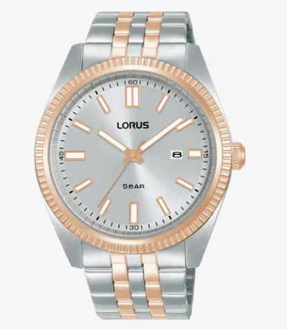 Lorus Mens Basic Fashion Date Grey Sunray Dial Two tone Rose gold and Silver Stainless Steel Bracelet Watch RH974QX9