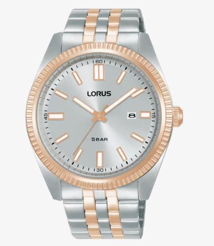 Lorus Mens Basic Fashion Date Grey Sunray Dial Two tone Rose gold and Silver Stainless Steel Bracelet Watch RH974QX9